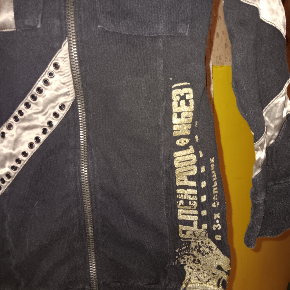 SALVAGE Vintage Gorgeous Black and Silk Silver Hooded Zippered Jacket. S - Picture 4 of 5